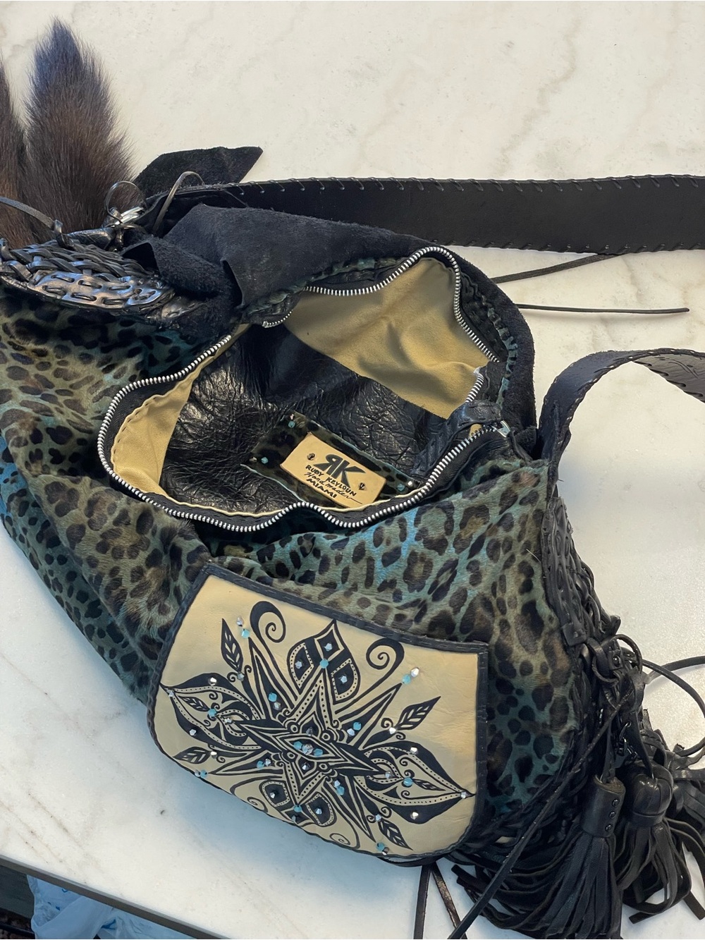 Handcrafted Teal Leopard Leather Shoulder Bag with Embossed Pocket - Picture 13 of 16